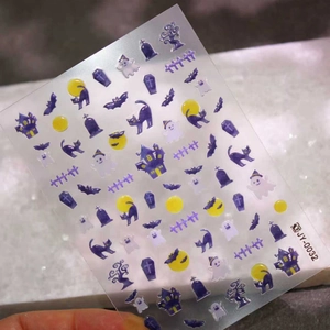 5D Halloween embossed nail stickers with purple castle, white ghost, and black cat motifs
