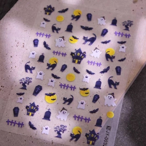 5D embossed Halloween nail art stickers with ghosts, bats, and haunted castle designs