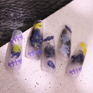 5D Halloween press-on nails featuring purple castle, ghost, and bat in coffin shape