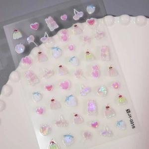 3D holographic stickers featuring colorful cherry cake and strawberry on a white plate