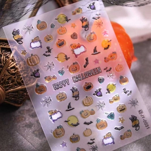 3D Halloween nail art stickers with relief pumpkin, bat, and black cat jelly designs