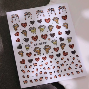 Lip and leopard heart nail art stickers with red patterns and SW-CS201 model label
