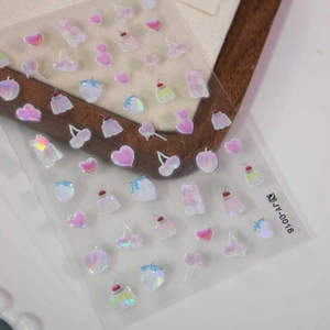 Holographic 3D nail art stickers with cute cherry, strawberry, and bear motifs