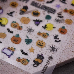 Halloween 3D embossed nail stickers featuring pumpkins bats and spiders patterns