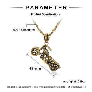 Detailed specs of vintage gold motorcycle pendant with 3mm square box chain dimensions