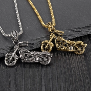 Vintage motorcycle skull pendant necklace in gold and silver finish with box chain