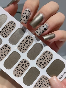 Detail of leopard print and olive green metallic nail stickers on product card and hand