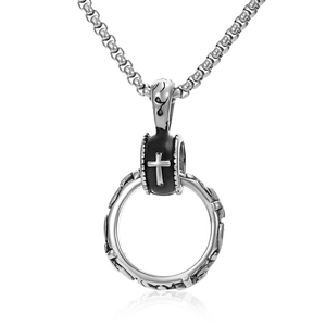 Detailed close-up of retro cross pendant with vine pattern on a stainless steel box chain