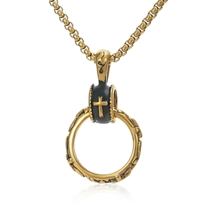 Retro hip hop necklace featuring black cross pendant and gold embossed ring on box chain