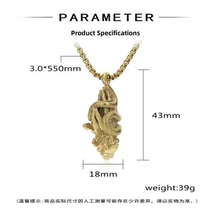 Detailed view of praying hands with snake pendant showing dimensions 43mm by 18mm