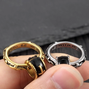 Gothic cross pattern titanium steel rings with 'GOD BE WITH ME' engraving in gold and silver