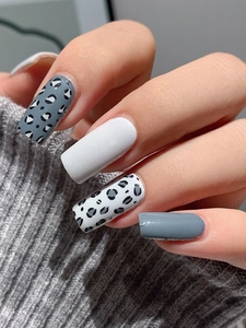 Long square nail stickers with leopard print and matte grey patterns for winter style