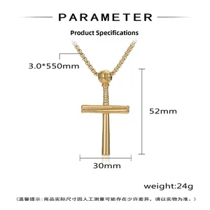 Detailed dimensions of gold baseball cross pendant necklace with sizing measurements