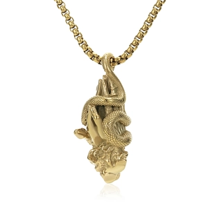 Gold praying hands pendant with a realistic snake on a durable box chain for men