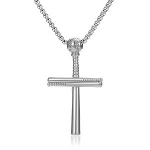 Detailed view of silver baseball cross pendant necklace with polished stainless steel finish