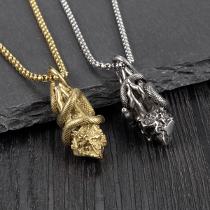 Gothic hip-hop prayer hands pendant with snake wrap in gold and silver finish