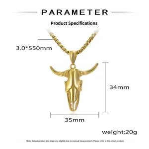 Detailed view of golden bull skull pendant dimensions 34mm by 35mm and 550mm box chain