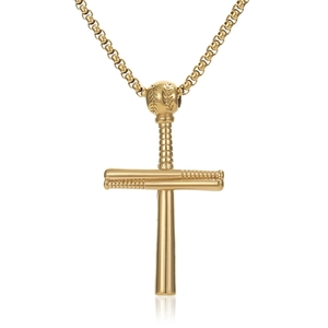 Polished gold baseball cross pendant necklace with bat details and beaded chain