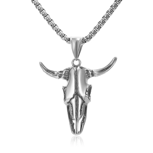 Detailed view of punk bull skull pendant in silver finish with metal box chain