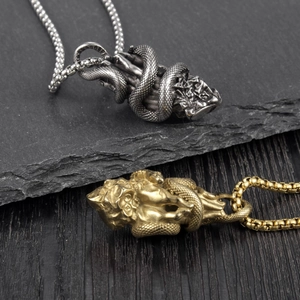Gothic prayer hands snake pendant necklace in gold and silver finish with box chain