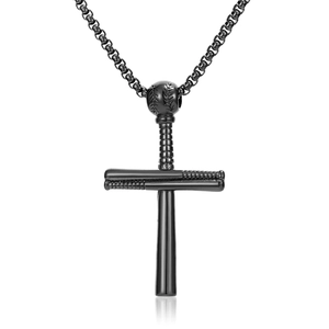 Black stainless steel baseball bat cross pendant necklace on reflective white background