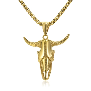 Polished gold bull skull pendant necklace with square pearl chain for men on white background