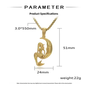 Détails du pendentif sirène lune avec dimensions de 51x24mm et longueur de chaîne 550mm