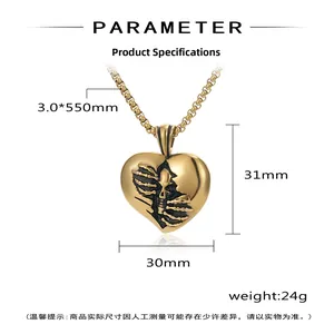 Detailed parameter view of Gothic gold heart necklace with black skeleton relief and dimensions