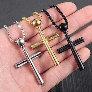 Three cross necklaces with baseball bat design in gold, silver and black finishes