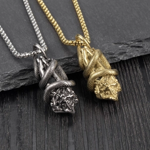 Gothic skull and snake pendant necklace set in gold and silver finish for men