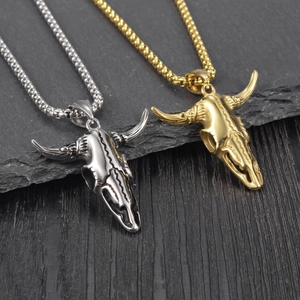 Gothic bull skull pendant necklaces in gold and silver finish with retro bone texture