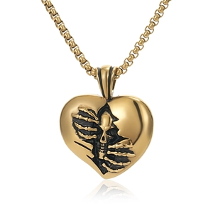 Gothic gold heart skull pendant necklace with intricate rib cage detail on white background