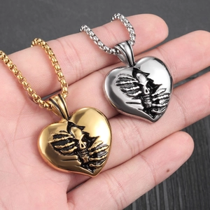 Gothic heart skull pendant necklace in gold and silver finish for men and women