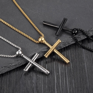 Three-color baseball bat cross pendant necklaces in gold, silver, and black stainless steel