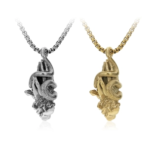 Gothic Titanium Steel Praying Hands Snake Pendant Necklace For Men Retro Punk Religious Jewelry Gold Steel Color Pendant Necklace