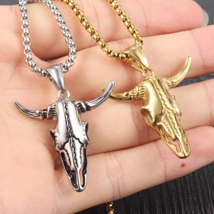 Gothic bull skull pendant necklace in gold and silver finish on stainless steel chain
