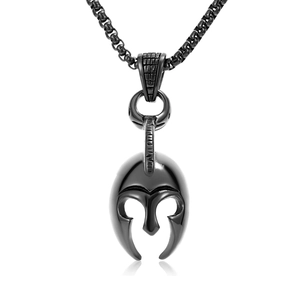 Pendentif masque de casque spartiate vintage en acier inoxydable noir mat sur collier