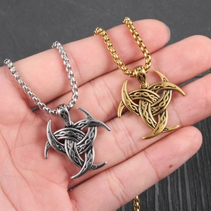 Vintage Viking Triple Horn of Odin pendant necklace in gold and silver stainless steel