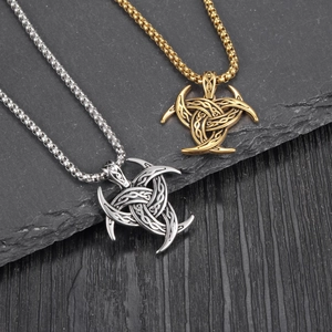 Retro Viking Odin horn pendant necklace set in gold and silver stainless steel