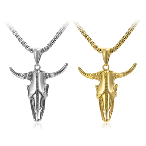 Gothic Punk Bull Skull Pendant Necklace For Men Retro Titanium Steel Bull Head Bone Charm With Box Chain Jewelry