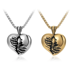 Gothic Heart Skeleton Pendant Necklace Stainless Steel Dark Punk Hip Hop Jewelry Gift For Men Women Steel Gold Color