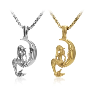 Collier Pendentif Sirène Lune en Acier Titane Hip Hop Punk Bijoux de Mythologie pour Hommes Femmes Or Argent Vintage