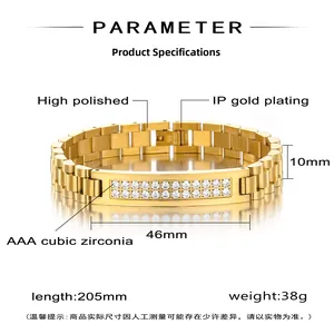 Detailed specs of the IP gold plated 10mm men's link bracelet with AAA cubic zirconia