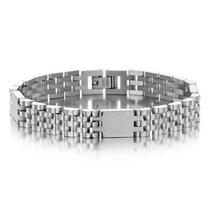 Polished stainless steel five-link tank bracelet with center plaque and mirror reflections