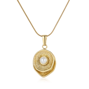 Vintage Stainless Steel Artificial Pearl Pendant Necklace For Women Sunburst Texture Irregular Round Gold Snake Chain Elegant Jewelry Accessory