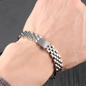 Silver stainless steel five-link watch band bracelet with smooth folding clasp for men