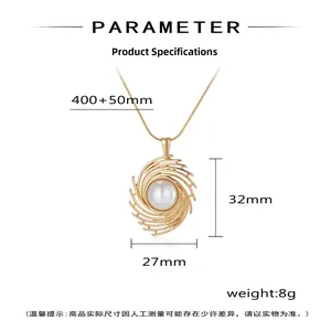 Detailed size parameters of golden spiral pendant necklace with white pearl inlay