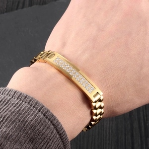 Modern gold men's link bracelet with double-row crystals and watch band style