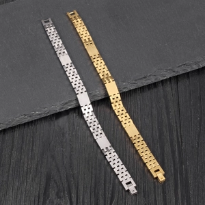 Polished stainless steel tank watch-style link bracelets in gold and silver finishes