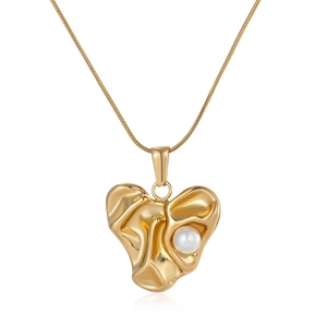 Irregular Molten Heart Pendant Necklace Stainless Steel Gold Plated With White Artificial Pearl Elegant Jewelry For Women